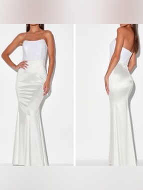 Lulu’s Play To Sequin White Strapless Maxi Dress Gown Small